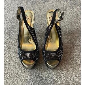 Diva Black Rhinestone Peep Toe Slingback Platform Heels Womens Size 6 36.5